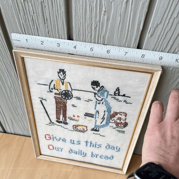 Vintage Framed Cross Stitch “Give Us This Day Our Daily Bread” 9"x12" - Picture 7 of 7